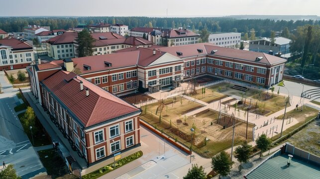 Modern high school building in polessk, kaliningrad region, russia, exterior view with clear sky background