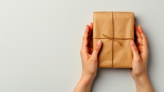 Hands holding a gift wrapped in brown paper with string on a light background, symbolizing celebration and giving.