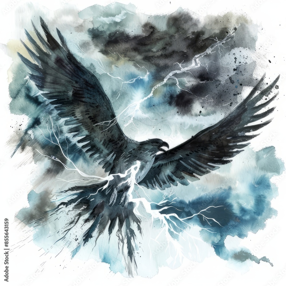 Wall mural Watercolor painting of a majestic thunderbird soaring through storm clouds, crackling with electric energy, on isolated white background, Generative AI - Wall murals