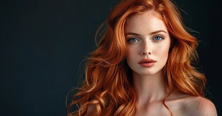 Obraz premium A beautiful woman with long, wavy red hair posing for the camera against dark background, hair is styled in elegant waves and flowing to one side of her head, hair color is vibrant orangered