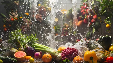 Fresh vegetables, fruits and water splashes on panoramic background. 