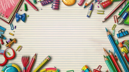 Colorful school supplies double border featuring pencils, crayons, markers, and rulers on a lined paper background for educational and classroom use