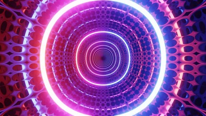 Hi-tech neon sci-fi tunel. Trendy neon glow lines form pattern and construction in mirror tunnel. Sci-fi pattern with glow frames. Fly through technology cyberspace. 3d looped seamless 4k bg. - Powered by Adobe
