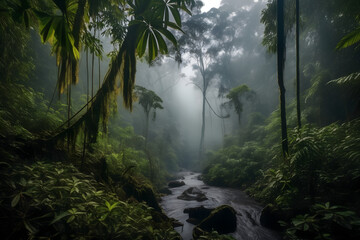 illustration inspired by an adventure hiking near Manaus in the Amazon jungle, Brazil. It captures the lush, dense rainforest, vibrant wildlife, and the thrill of exploring the wild and untamed beauty