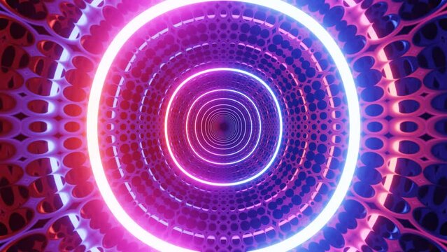 Hi-tech neon sci-fi tunel. Trendy neon glow lines form pattern and construction in mirror tunnel. Sci-fi pattern with glow frames. Fly through technology cyberspace. 3d looped seamless 4k bg. - Powered by Adobe