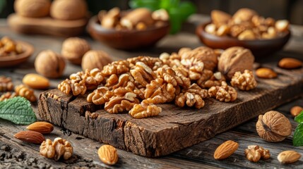 Close-up of fresh walnuts on rustic wooden board with almonds and greenery in background, ideal for healthy eating and nature concepts.