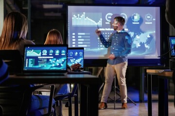 Male business trainer is against projector with data, teaching people