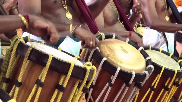 Artists performing Chendamelam, a traditional South Indian percussion orchestra