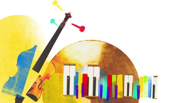 Contemporary stop motion. Animation. Abstract artwork of violin, colorful piano keys and vinyl record, symbolizing fusion of classical and modern music. Concept of music festivals, concert and parties