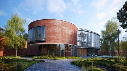 Contemporary red brick and glass convex building with modern architectural design in an urban setting, featuring reflective windows and sleek curved structure, ideal for commercial real estate, corpor