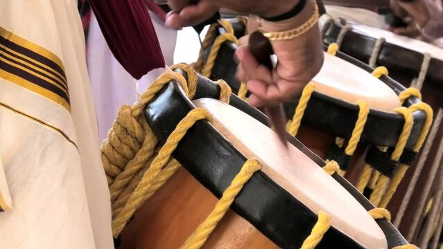 Artists performing Chendamelam, a traditional South Indian percussion orchestra