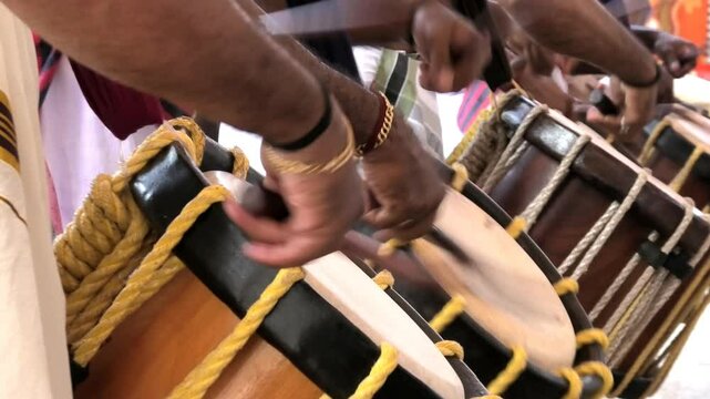Artists performing Chendamelam, a traditional South Indian percussion orchestra