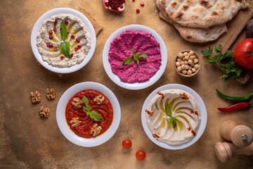 COLD APPETIZERS including Mutabal, Beetroot Mutabal, Muhammara and Hummus