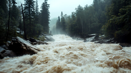Raging river in the mountains with submerged trees and rocks