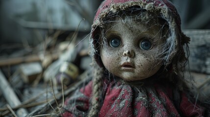 Obraz premium Creepy abandoned doll with cobwebs and dirt, wearing tattered clothes. Perfect for horror themes and eerie atmospheres.