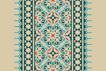 Beautiful traditional ethnic motifs ikat geometric fabric pattern cross stitch.Ikat embroidery Ethnic oriental Pixel.Abstract,vector,illustration. Texture,scarf,decoration,wallpaper,curtain,sarong.