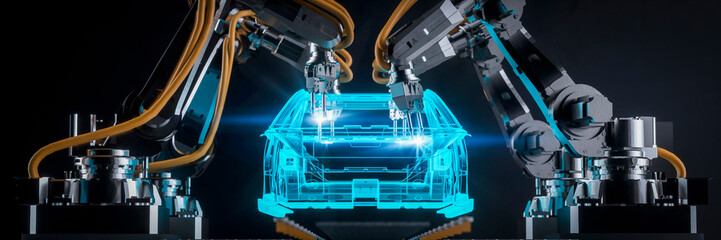 Conceptual digital outline of a car on a production line with robotic arms welding 3d render