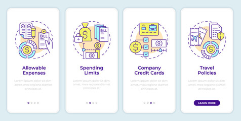 Expense management policy onboarding mobile app screen. Walkthrough 4 steps editable graphic instructions with linear concepts. UI, UX, GUI template. Montserrat SemiBold, Regular fonts used