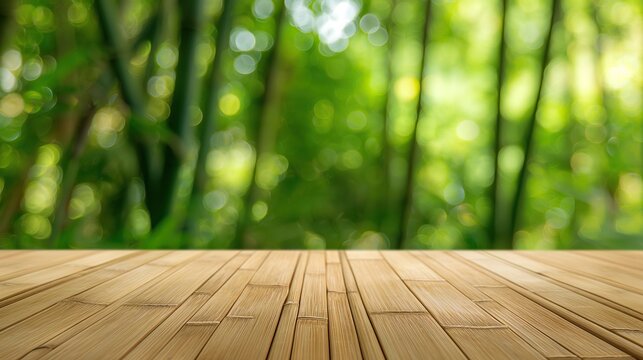 a close up of a rustic empty wooden table with blurred bamboo forest background - Powered by Adobe