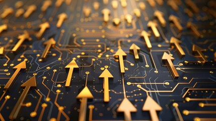 3d rendering of golden arrows pointing upwards on circuit board background