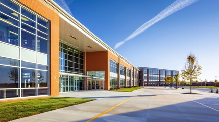 American school building exterior in daylight, architecture and educational facilities concept