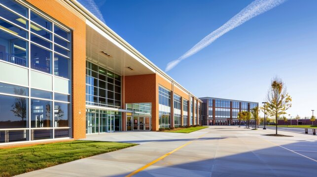 American school building exterior in daylight, architecture and educational facilities concept