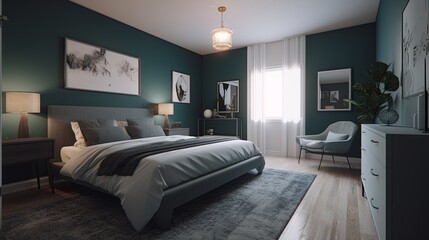 A beautifully renovated bedroom with freshly painted teal walls, modern furniture, and stylish decor. The room is bright and inviting, perfect for relaxation. Generative AI