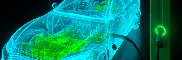 Conceptual electric car hologram charging from a charging station lit up glowing 3d render