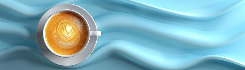 A topdown view of a cup of coffee with a smiley face on a yellow background