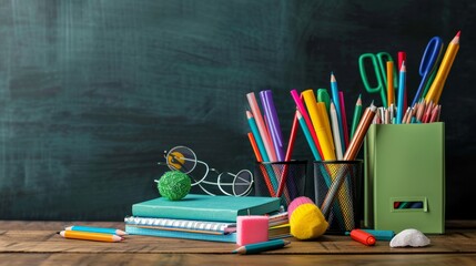 School supplies arranged on desk in classroom with blackboard background, symbolizing education concepts
