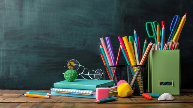 School supplies arranged on desk in classroom with blackboard background, symbolizing education concepts - Powered by Adobe