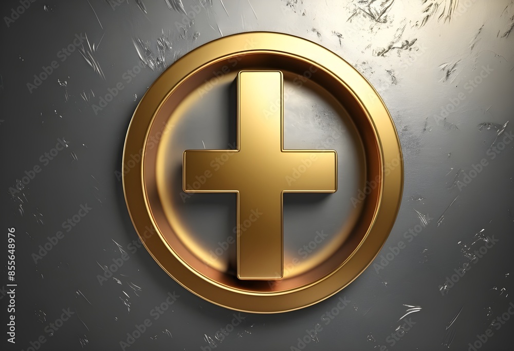 Poster a golden cross symbol in a circular frame against a dark gray background.