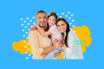 Creative collage young happy carefree family hug embrace each other smile positive mood child little daughter parentship adoption