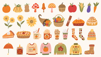 Autumn harvest and fall favorites elements set. Thanksgiving basket and cornucopia. Pumpkin spice latte, cinnamon roll, cozy sweaters and socks. Hand drawn vector illustrations.