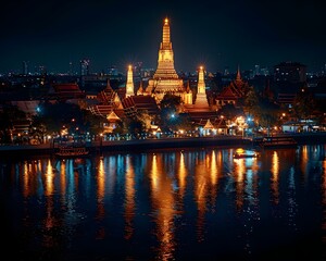 Illuminated Wat Arun Temple Reflecting in the Chao Phraya River at Night in Bangkok Thailand