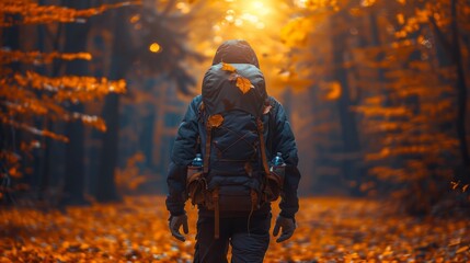 Fototapeta premium Hiker with a backpack explores a serene autumn forest, surrounded by vibrant fall foliage under a golden sunset.