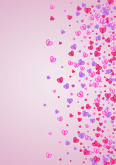 Violet Heart Background Pink Vector. February Texture Confetti. Lilac Anniversary Frame. Purple Confetti Random Backdrop. Tender Folded Illustration.