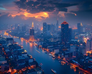 Bustling Bangkok Skyline Illuminated at Dusk with Vibrant Lights and Copy Space