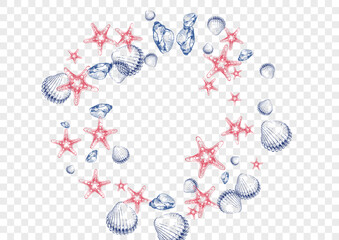 Orange Starfish Background Transparent Vector. Snail Drawn Pattern. Tropical Texture. Gray Oyster Coastal Illustration. Ultramarine Shell.