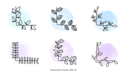 Hand Drawn Botanical Elements Vector Set, minimal drawn floral leaves botanical line art on colorful circle background, Hand drawn leaves line Floral branch, Vector illustration EPS 10