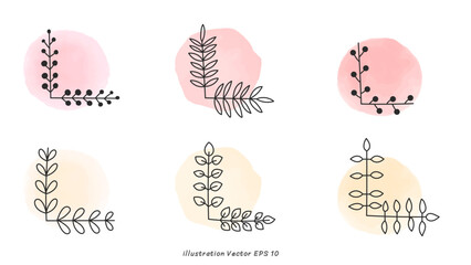 Hand Drawn Botanical Elements Vector Set, minimal drawn floral leaves botanical line art on colorful circle background, Hand drawn leaves line Floral branch, Vector illustration EPS 10