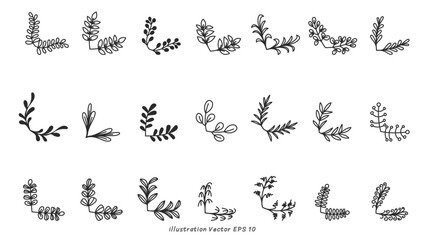 Hand Drawn Botanical Elements Vector Set, minimal drawn floral leaves botanical line art on colorful circle background, Hand drawn leaves line Floral branch, Vector illustration EPS 10