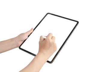 A person is writing on a tablet with a white background