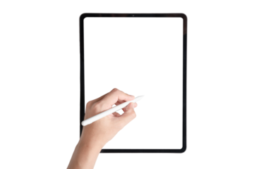 A person is drawing on a tablet with a white background