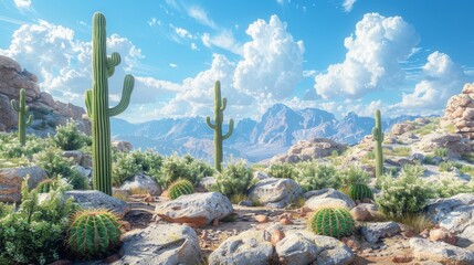 Scenic desert landscape with cacti and mountains under a bright blue sky with fluffy clouds.