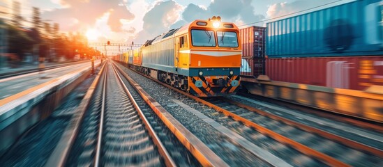 Fototapeta premium Modern Freight Train on Railway Tracks at Sunset with Motion Blur Effect