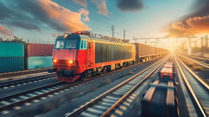 Obraz premium Freight Train on Railway Tracks at Sunset with Dramatic Sky and Motion Blur
