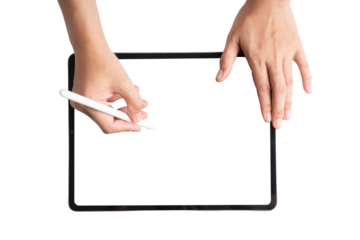 A person is writing on a tablet with a white pen