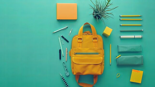 Back to school: flat lay with backpack and stationery on colorful background