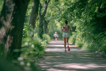 Fototapeta premium Jogger on her morning run in the city park (A.I.-generated)